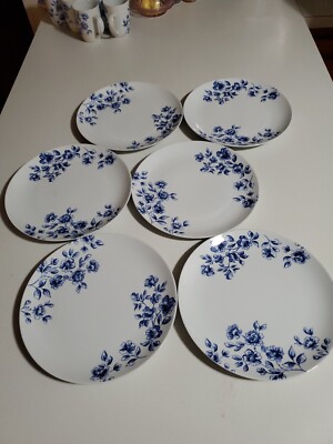 6- Paula Deen Spring Prelude Blue & White Floral 10 1/2'' Dinner Plates Excellent