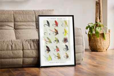 Vintage Trout Fly Fishing Poster, Orvis Fly Collection Art, Rustic Cabin Decor