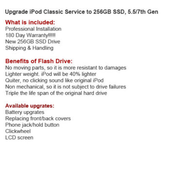 256GB SDD Drive Upgrade Service for your 5th / 7th Classic Generation iPod