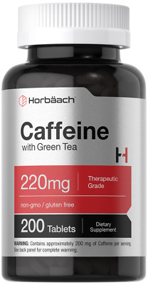  Caffeine Pills 200mg | with Green Tea | 200 Tablets | Vegetarian | by Horbaach
