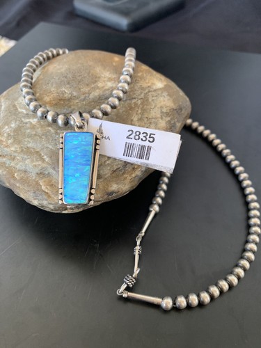 Native Blue Opal Inlay Navajo Pearls Sterling Silver Necklace Pendant 2835 - Picture 1 of 12