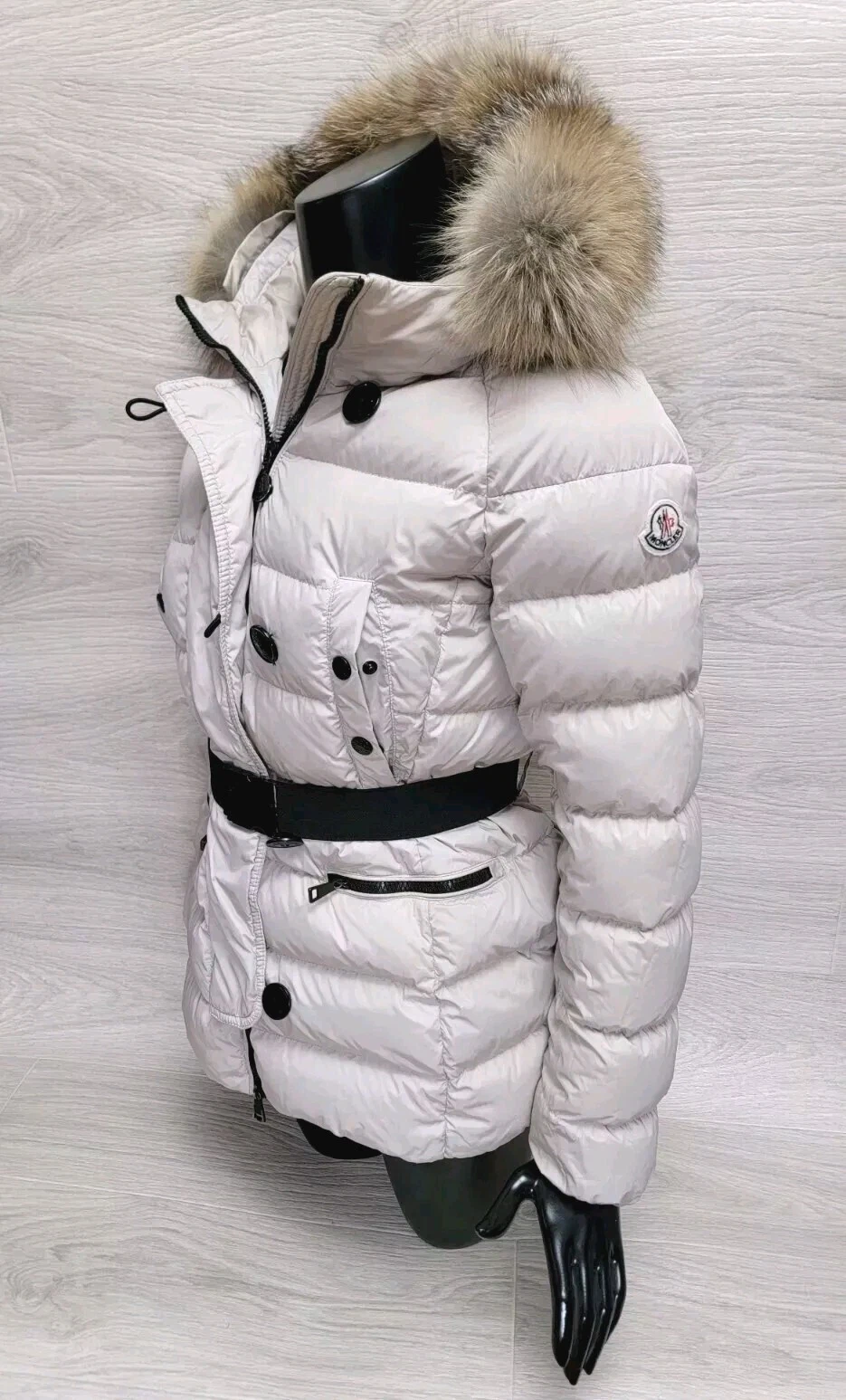Autentico piumino Moncler Genette beige cintura pelliccia cappuccio puffer donna taglia 1 S