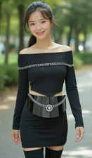 Women Pewter Wide Metal Plate Black Fashion Belt Lion Coin Charm Medallion S M