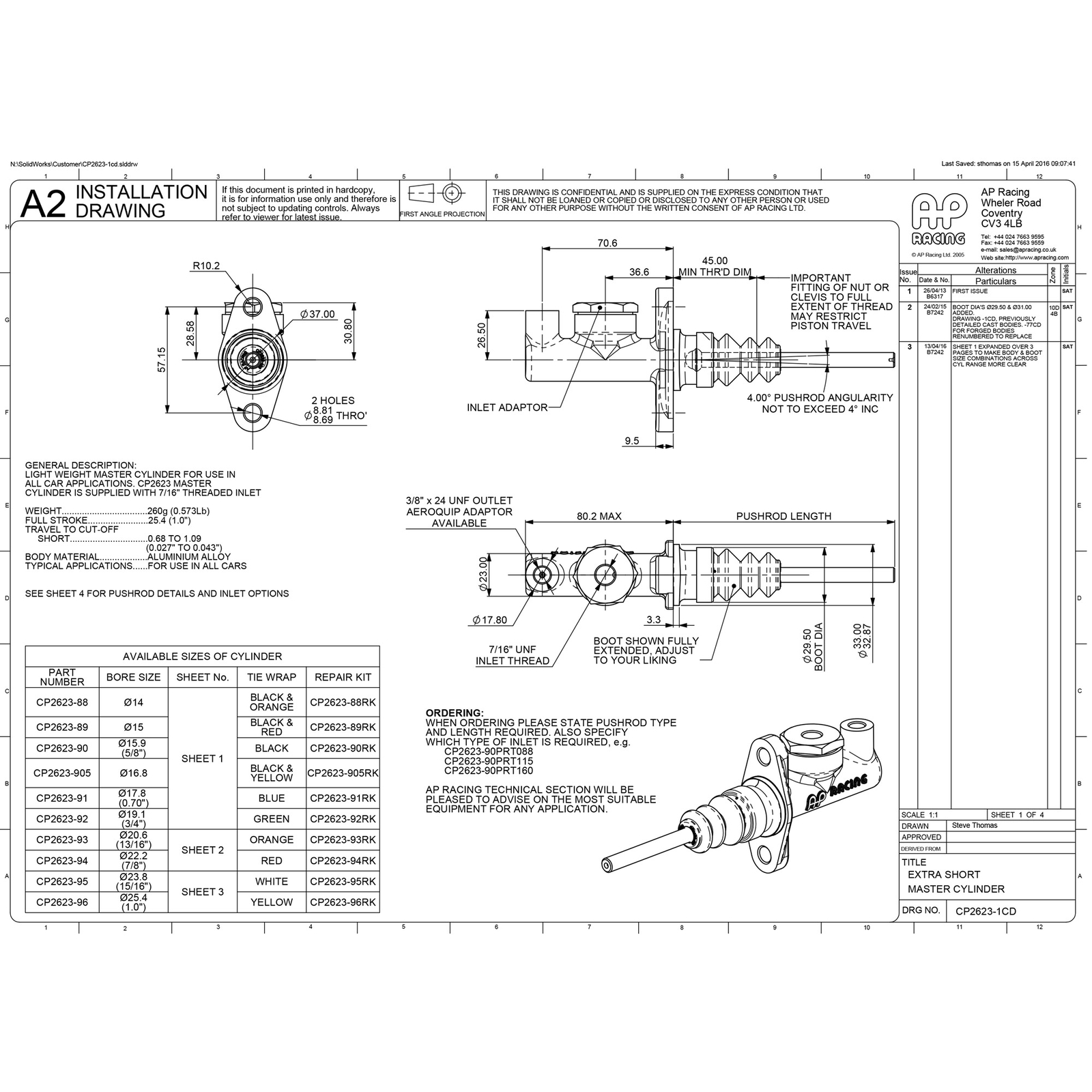 A P Racing CP2623 Master Cylinder Short Body 0.625'' Bore M8 Pushrod 160mm Long