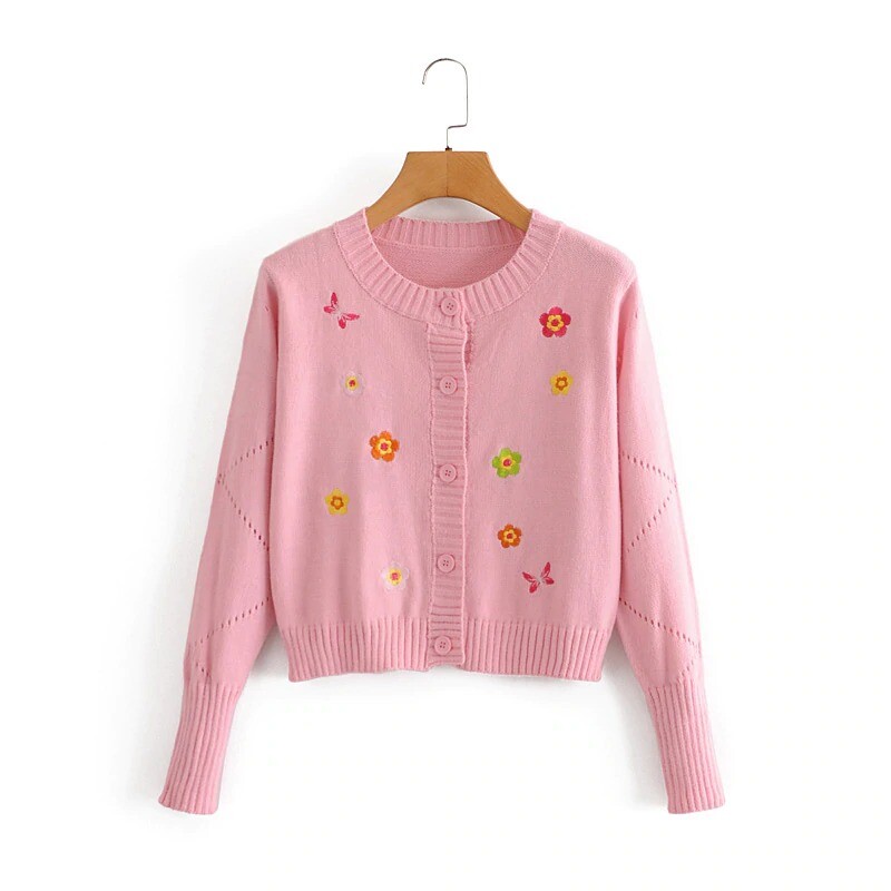 Flowers & Butterflies Knitted Cardigan Pink Embroidered