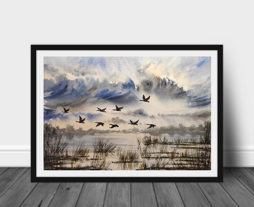 Original Modern Artworks Painting Landscape GEESE FLYING Arts DUCKS FLYING 8x12" - Picture 10 of 18