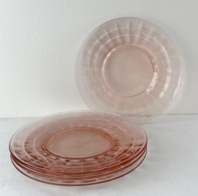 Set of 4 Block Optic Pink Depression Glass Anchor Hocking Salad Plate 8 1 4" rim