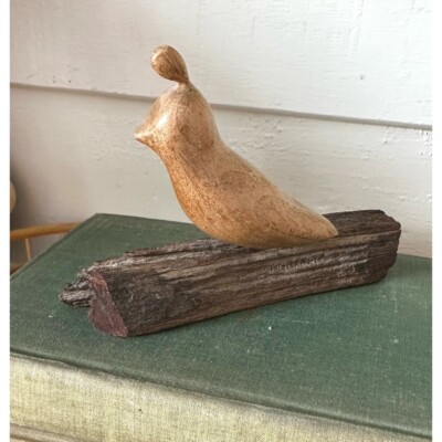 Vintage Small Hand Carved Wooden Quail Sculpture On Wood Log 4.25 x3.25 