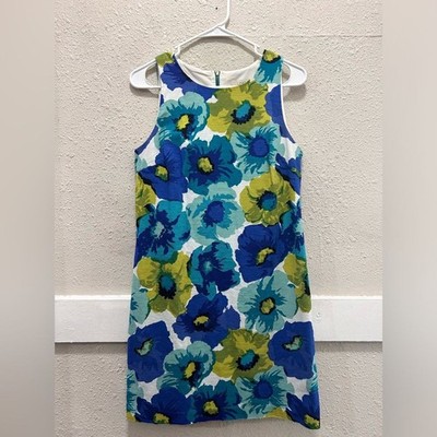 Ann Taylor Loft Garden Party Floral Dress Barkcloth Woven Blue & Green Size 6