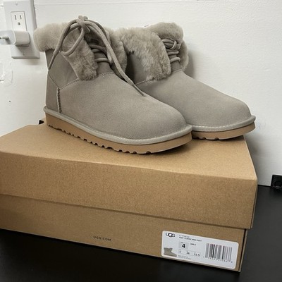 New IN BOX UGG Gray Suede Classic Mini Posy Laced Ankle Boots Kid s Size 4 EU36
