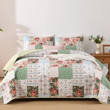3Pieces Floral Patchwork Quilts King Size, Bohemian Red Flower Green Plaid Be...