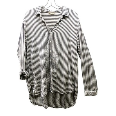 Jane & Delancey Button Down Shirt Womens M Rayon Gray White Striped Roll Tab