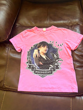 Girls Pink Wednesday Addams Graphic Print T-Shirt Size 7 Cotton Crew Neck Tee