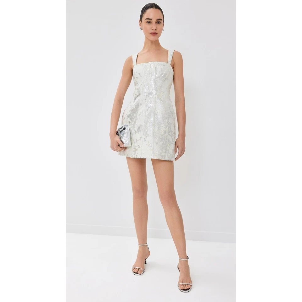 Mini Vestido Simkhai Lydia Metálico Plateado Blanco Sin Mangas Jacquard Cóctel Talla 2 Foto 2 de 4