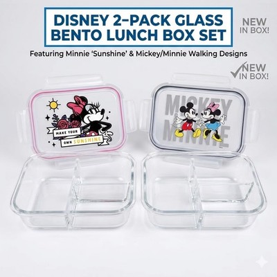 Disney Mickey and Minnie Mouse Glass Bento Box Snap Lid 3 Compartments 970ml NEW