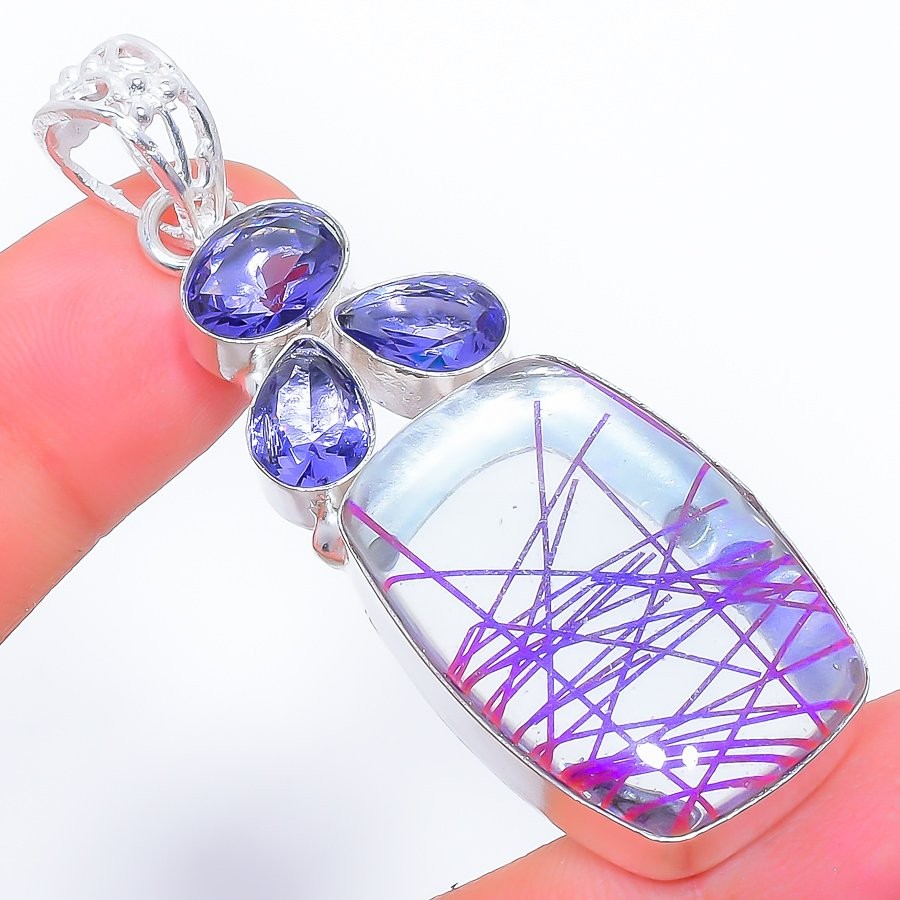 Purple Rutile Quartz, Tanzanite 925 Sterling Silver Jewelry Pendant 2.5