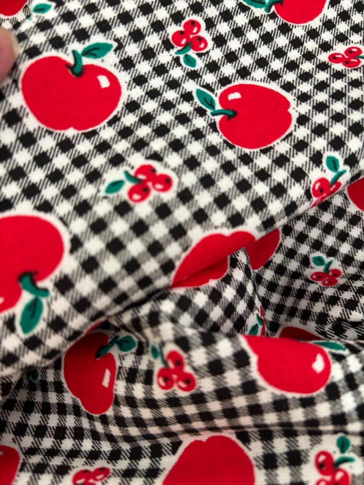 Vtg Scant 1 Yd 64WX30L Red APPLE CHERRY White Black Gingham STRETCH Plaid FABRIC - Image 2 of 4