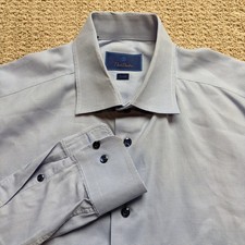 David Donahue Mens Trim Fit Dress Shirt 17 36/37 Blue Cotton Micro Pattern Logo