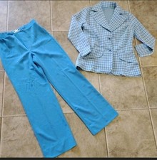 Women's Size Small Vintage 60s Blue Plaid Polyester Pants Suit