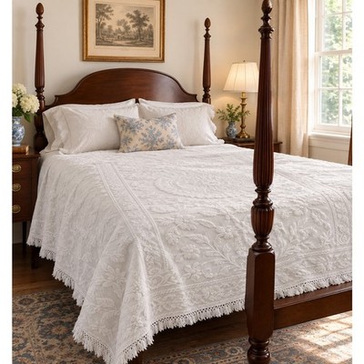 Vintage Crown Crafts Cotton Matelasse Bedspread White Fringe 78 x 106
