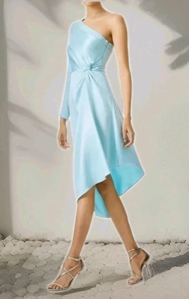 ALICE + OLIVIA Dora One Shoulder Asymmetrical Satin Midi Dress Blue Size 14 XL - Image 2 of 4