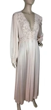 Vintage 70s Shadowline Blush Lace Trim Peignoir Lingerie Nightgown Robe S/M/L