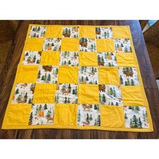 Hand Made Block Baby Quilt Woodland Animals Yellow Nature 34x33  