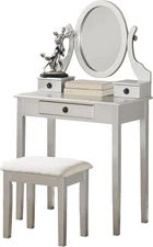 Moniys Wood Moniya Makeup Vanity Table and Stool Set, Silver