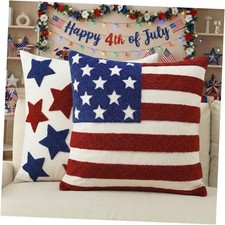 4th of July Patriotic Embroidered Throw Pillow Covers, 18 x 18 Inch Striped