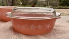 Vintage Agee Pyrex Pink Flannel Flowers Round Casserole Dish O-CR-300 With Lid