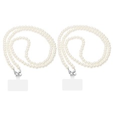 2Pcs Crossbody Phone Strap Lanyard 47" Pearl Chain with Tether Tabs Silver Clasp