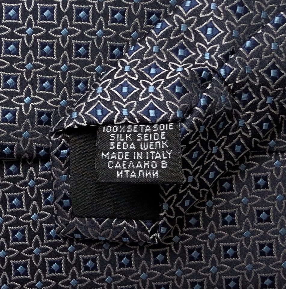 HUGO BOSS Men's 100% Silk Tie Geometric ITALY Black/Sky/Silver NWOT - Image 4 of 4