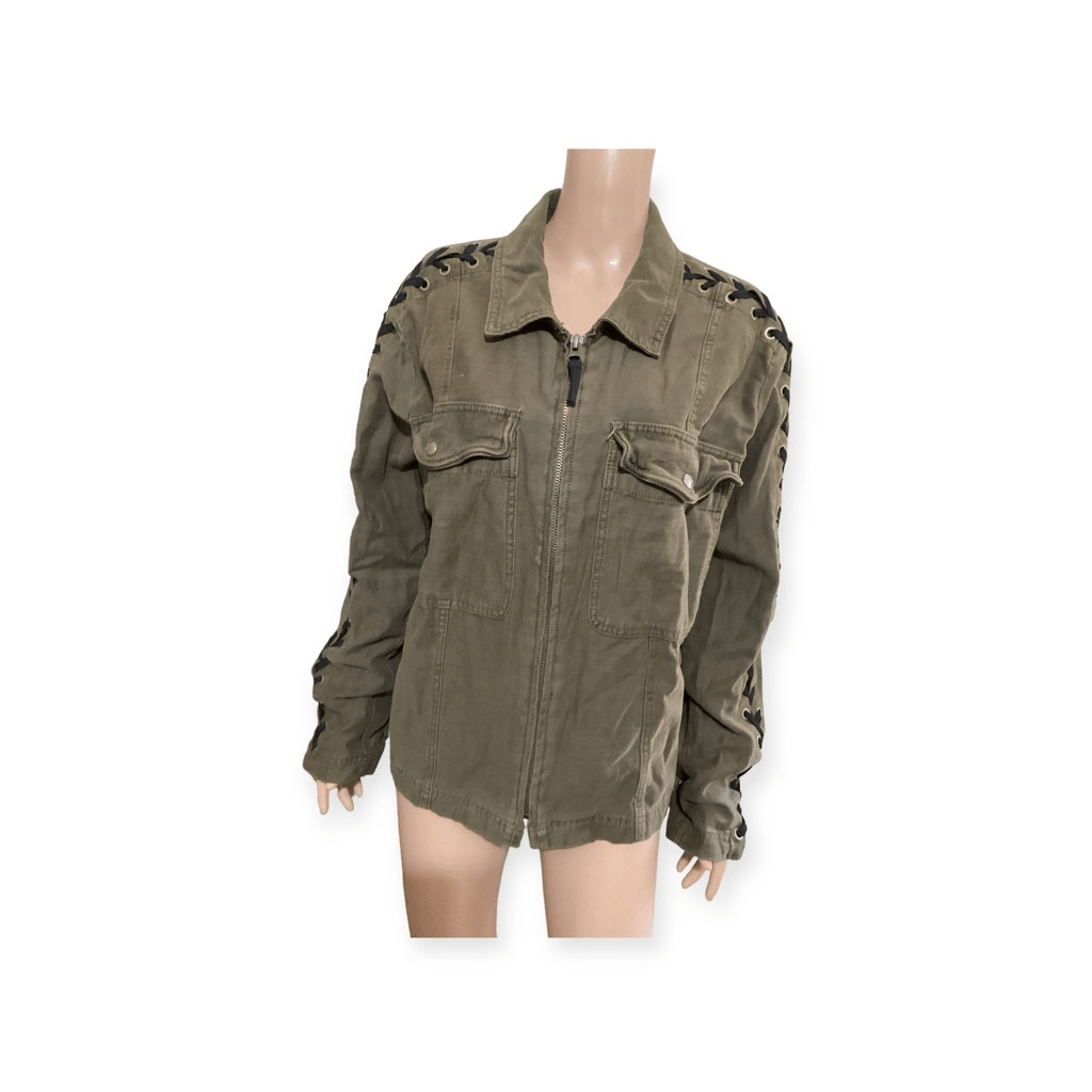 Free People Green Faye Military Over Sized Lace Up Sleeves Jacket M - Main Image