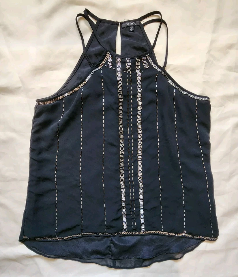XOXO Women's Top Sleeveless Spaghetti Strap Silver Beads Black Size Large - Image 3 of 4