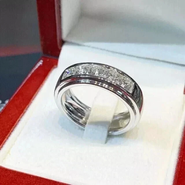 Помолвочное мужское кольцо из муассанита круглой огранки 3 карата с покрытием из белого золота 14 карат - Изображение 3 из 4