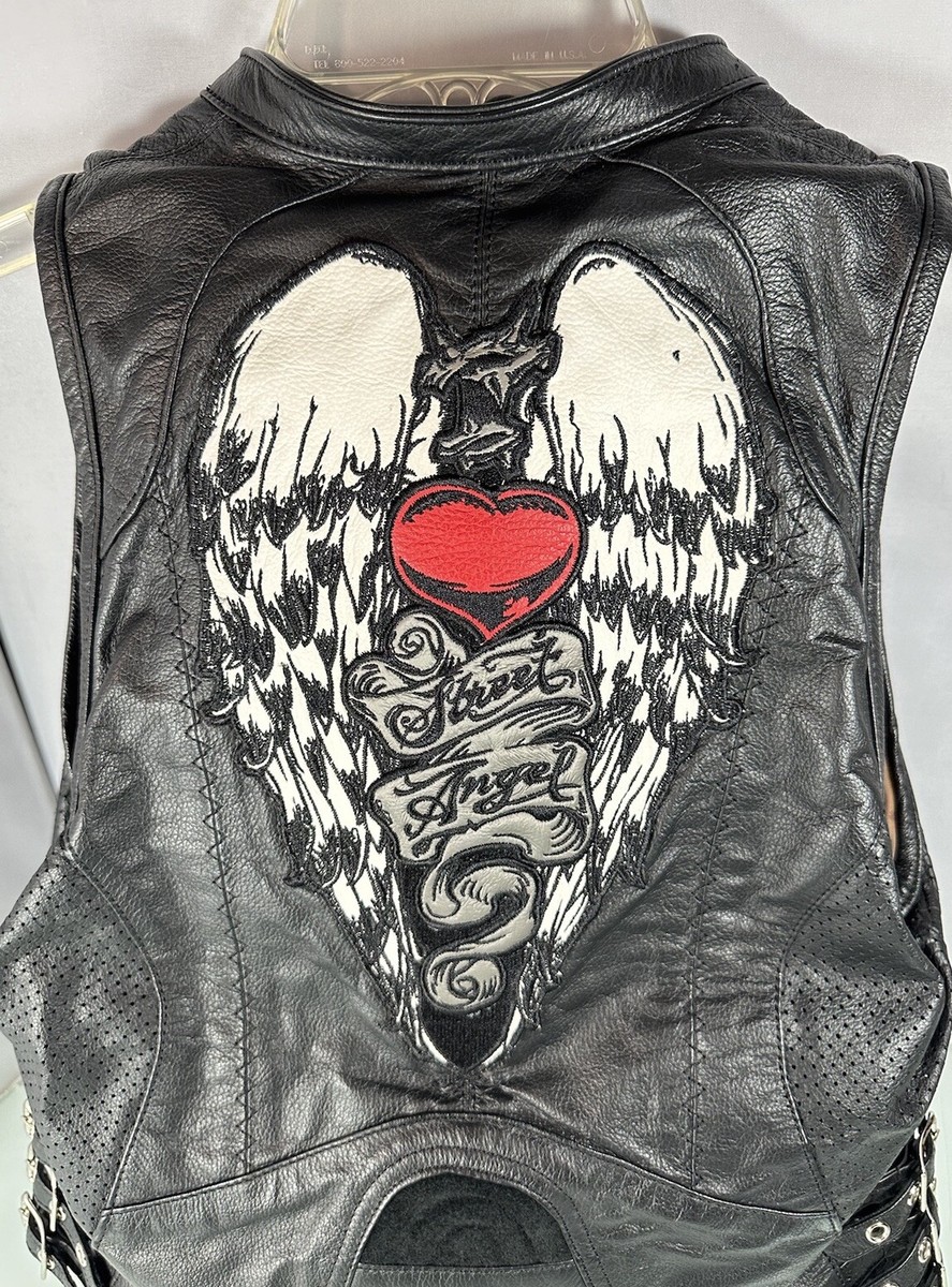 Icon Women's Black Leather Vest Street Angel Wings Bombshell