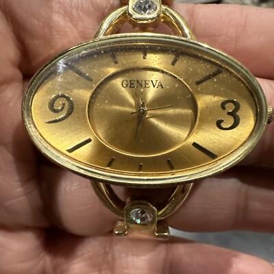 Running Geneva Shiny Gold Cuff Bangle Fashion Womens Watch With Large Oval Face