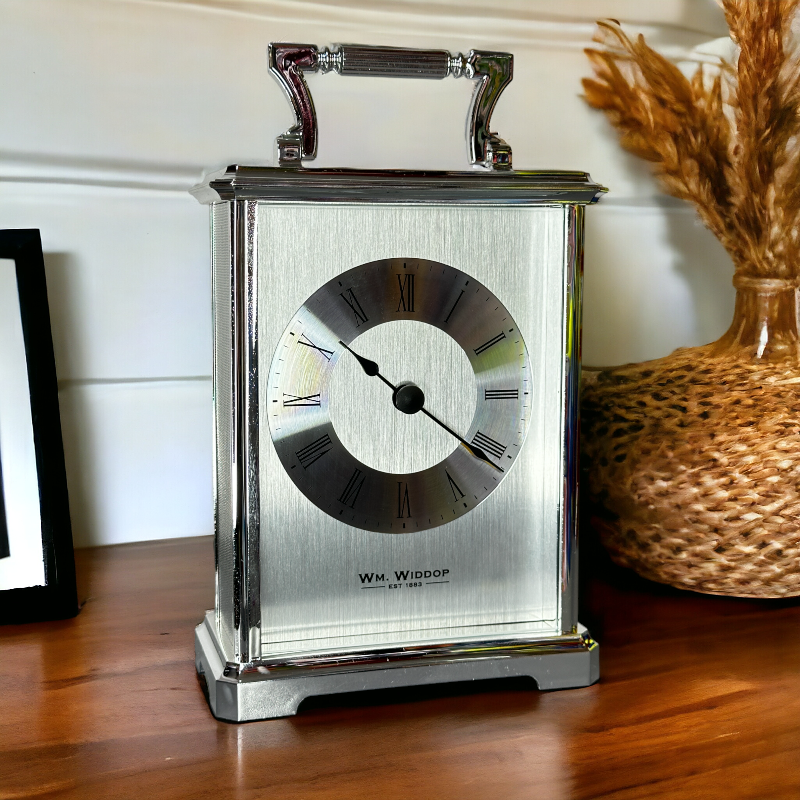 Silver Carriage Clock & Roman Numerals Sliver Dial by William Widdop - w2407
