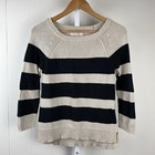 Ann Taylor LOFT Sweater Womens Small Black Beige Stripe 3/4 Sleeve 100% Cotton