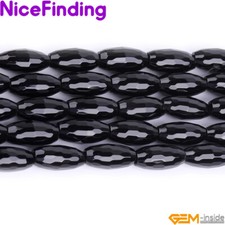 Natural Black Agate Faceted Onyx Rice Stone Beads For Jewelry Making Strand 15"