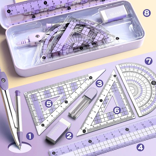 8-Piece Set Of Measuring Rules Students Including Compass Measuring Angle Rulers - Afbeelding 6 van 15