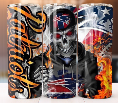 Patriots Fire Skull Football Tumbler 20oz Cup Mug Stainless Steel W/ Straw