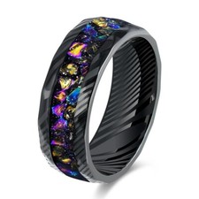 8MM Galaxy Gravel Black Steel Damascus Stainless Steel Ring Wedding Comfort Fit