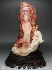 10.4" Old Chinese Shoushan Stone Carving Feng Shui Guanyin Goddess Dragon Statue