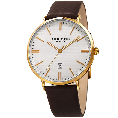 Men's Akribos XXIV AK935YG Genuine Leather Embossed Grid Dial Design Strap Watch