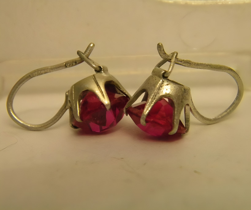 Vintage Soviet Ruby Red Gemstone Earrings - 875 S… - image 2