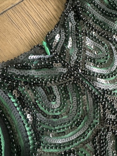 Sequins Beaded Evening Dress *Measurements Women's LG Green Black Fringe Costume - Picture 11 of 19