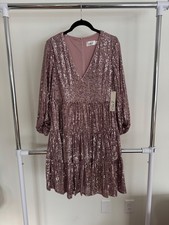 Eliza J Balloon Sleeve Sequin Skater Dress in Mauve size 10