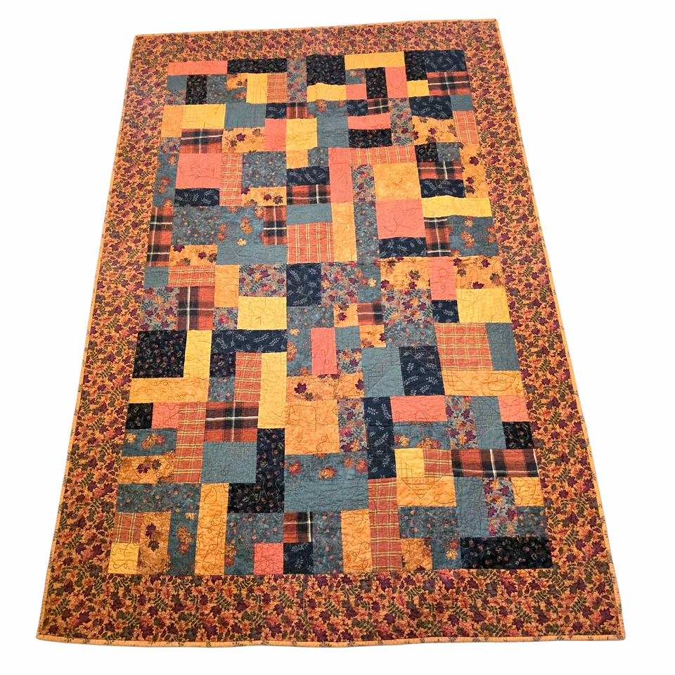 Vintage Patchwork Quilt Autumn Leaves Floral Reversible Trees Bear Blanket 52x76 - Image 2 of 4