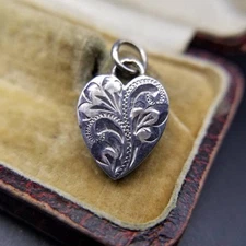 1979 UK Silver Heart Charm Pendant 925 Sterling Floral Etched Birmingham